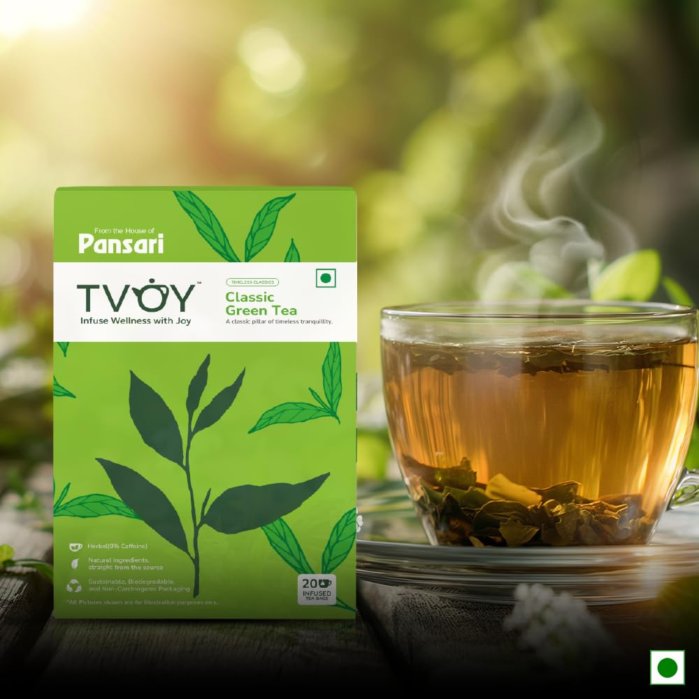 Tvoy Classic Green Tea – box and green tea cup on display with natural, calming vibes.